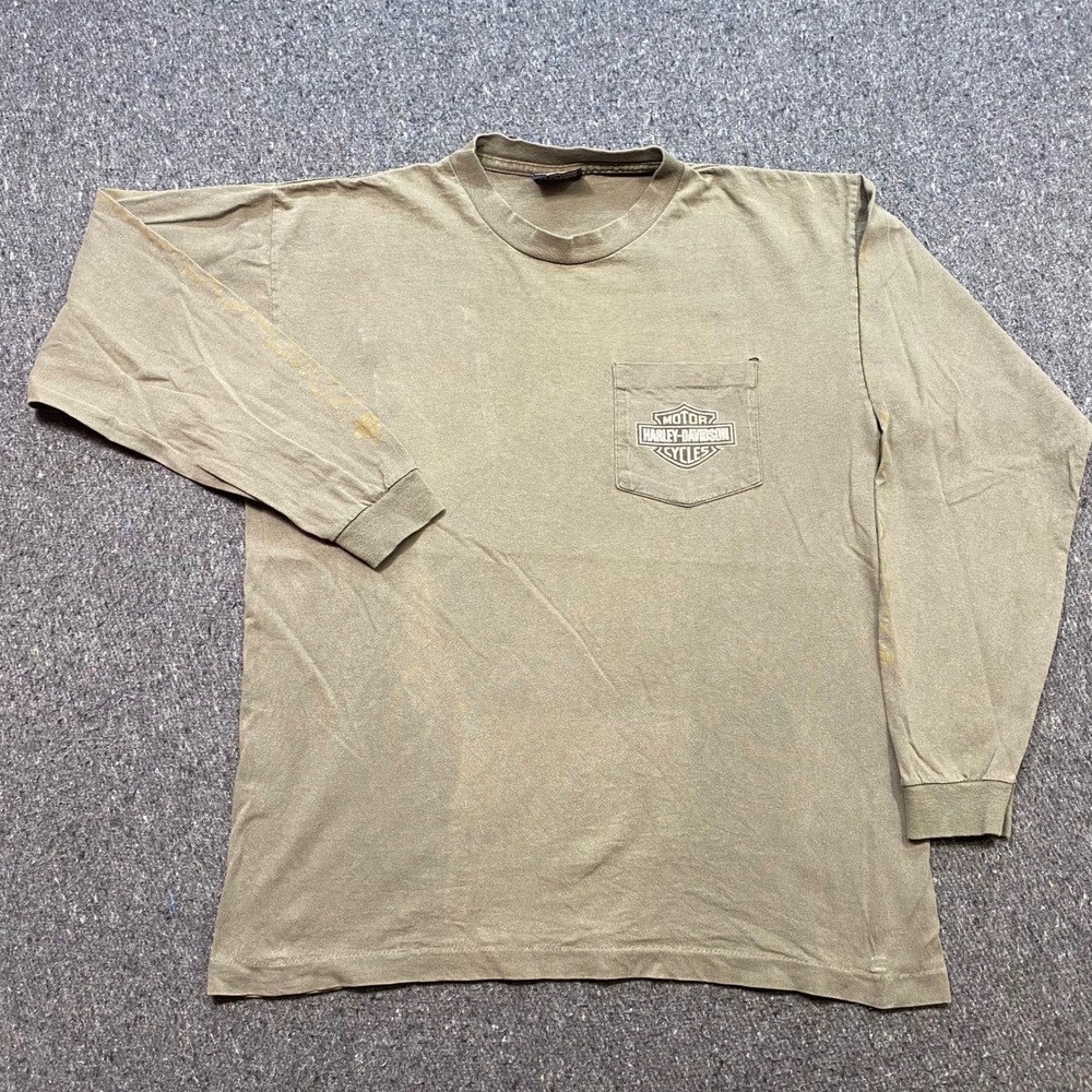 Harley Davidson TShirt Sz L Mens Green Grunge Winchester Virginia Pocket Graphic